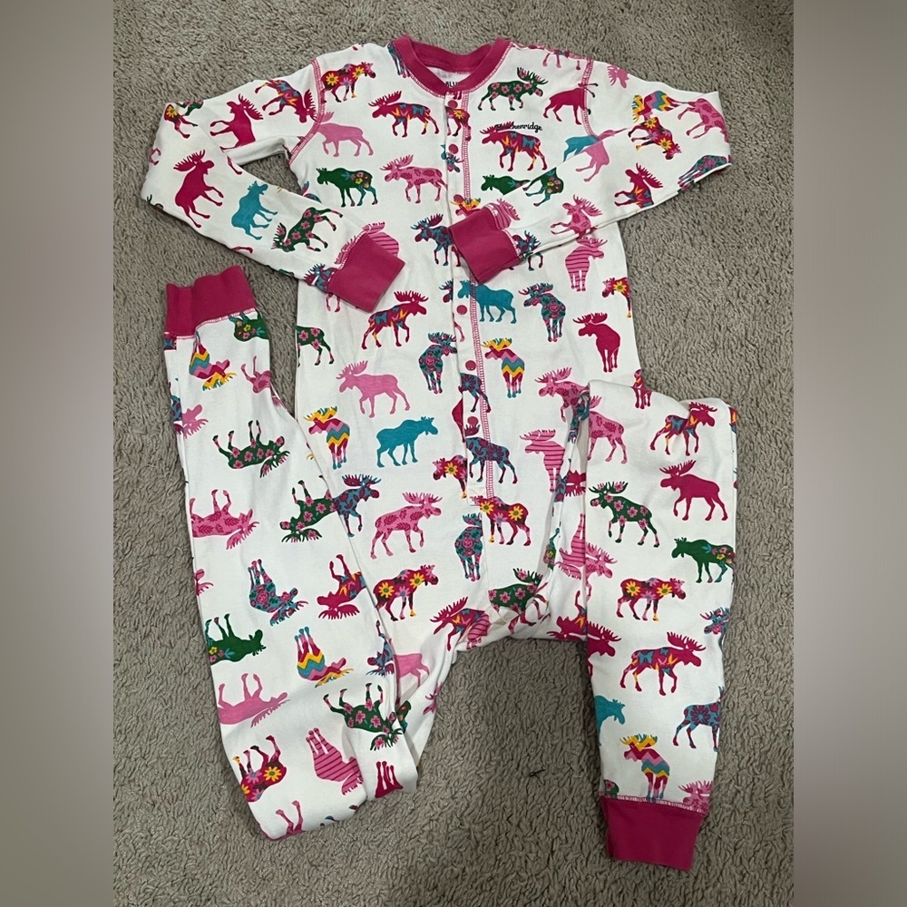HATLEY LITTLE BLUE HOUSE MOOSE PATTERNED KIDS UNION SUIT PAJAMAS, GIRLS SIZE 10